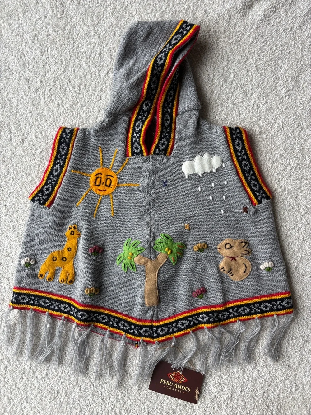 Peruvian Hand Embroidered Kids Hooded Poncho
